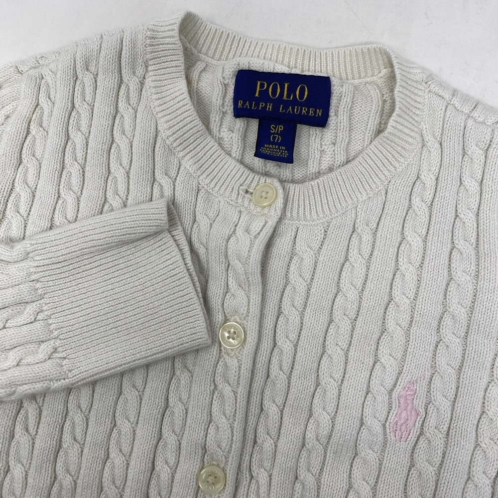 Polo Ralph Lauren Girls Small (7) White Cable Knit Long Sleeve Button Up Sweater
